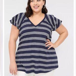 Size 22/24 Lane Bryant Flutter-Sleeve Tee -navy and white stripe pattern- new!